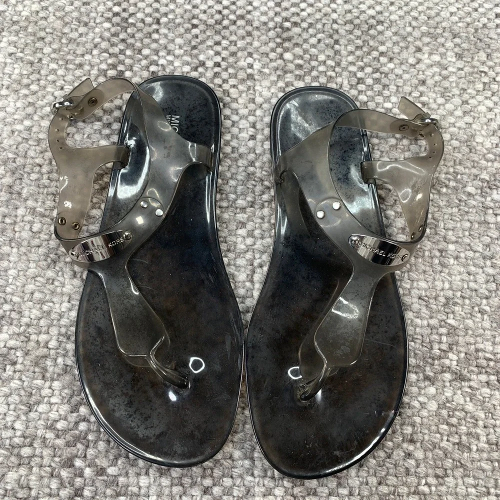 Michael Kors Jelly Sandals Women Size 8 Black Smoke Silver Logo Buckle Thong